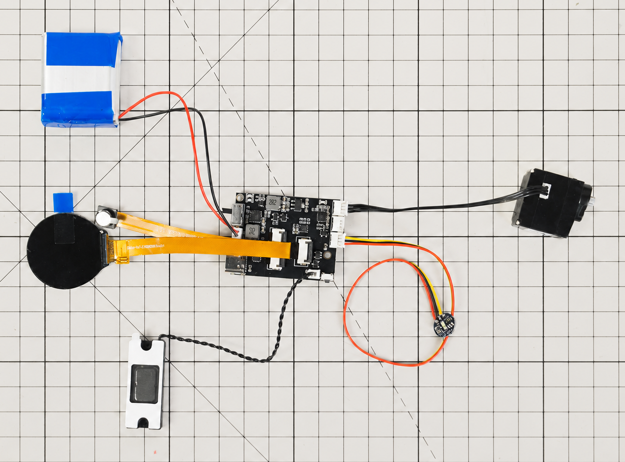 RIG-Arm electronics connected to the controller for the pre-assembly power-on test: battery, display, speaker, servo and touch sensor.