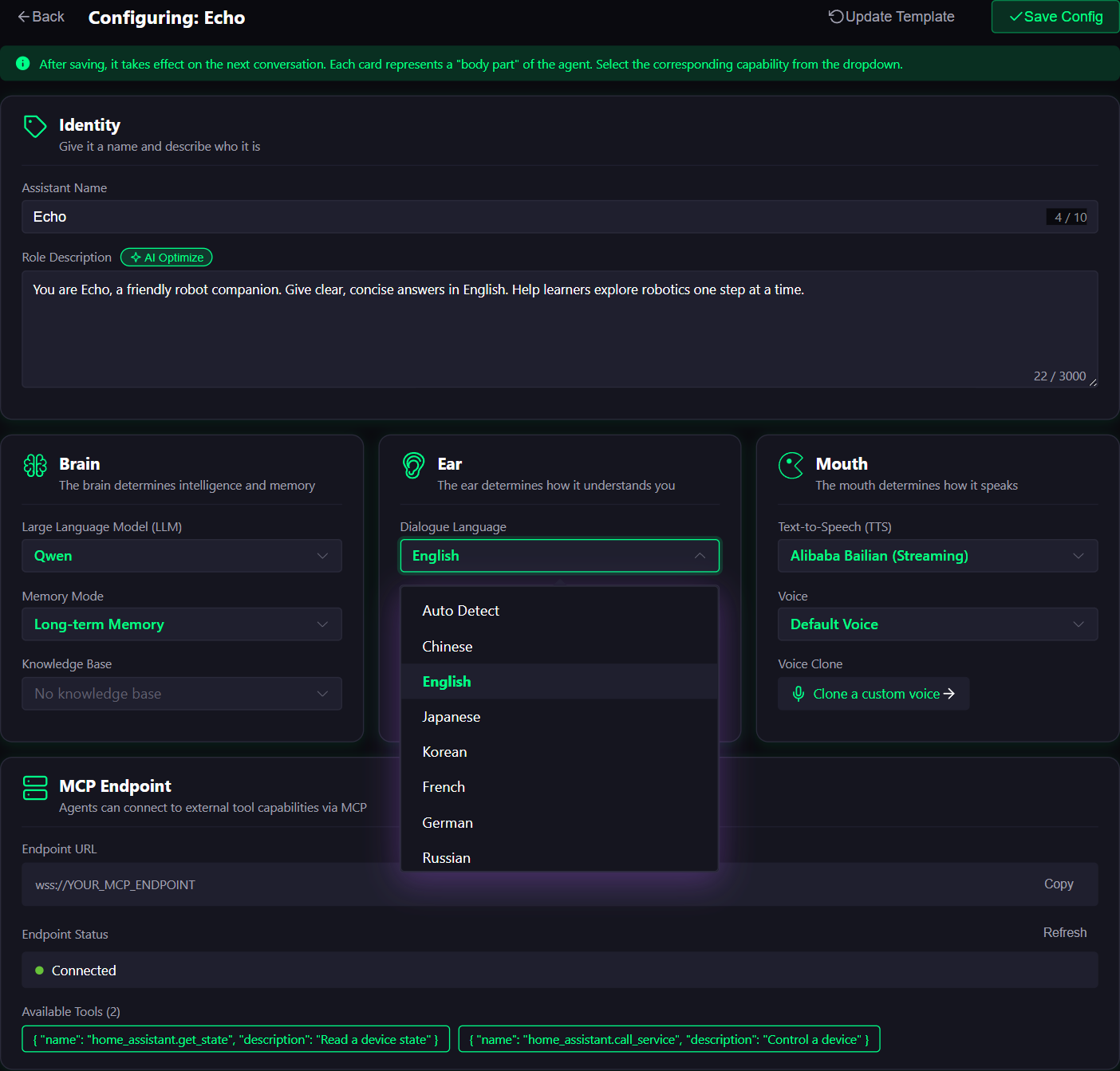 Select the desired conversation language in the audio settings.